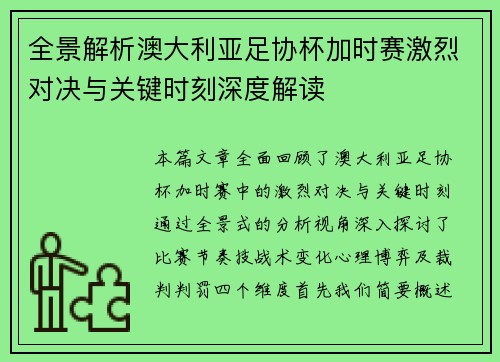 全景解析澳大利亚足协杯加时赛激烈对决与关键时刻深度解读