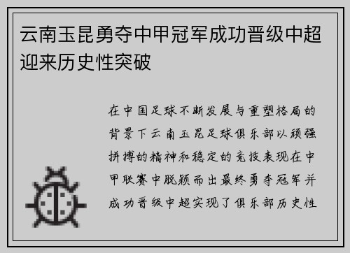 云南玉昆勇夺中甲冠军成功晋级中超迎来历史性突破 云南玉昆勇夺中甲冠军成功晋级中超迎来历史性突破